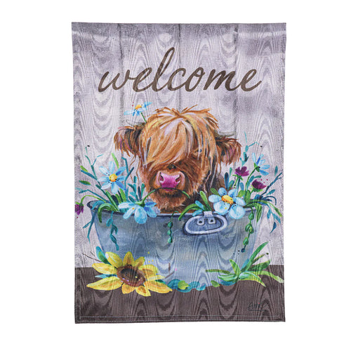 Evergreen Relaxing Highland Cow Moire Garden Flag
