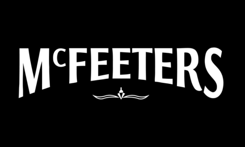 Curved white text reads "McFeeters" on a black background, with a decorative flourish beneath, conveying an elegant and classic tone.