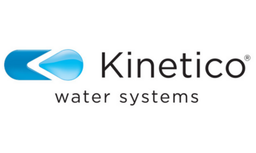 The image shows the Kinetico Water Systems logo. It features a blue water droplet icon followed by the brand name in black text on a white background.