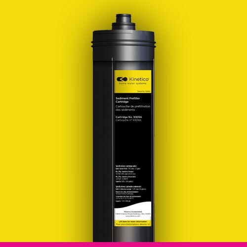 A black Kinetico sediment prefilter cartridge with a yellow label on a vibrant yellow background. The sleek design conveys modernity and efficiency.