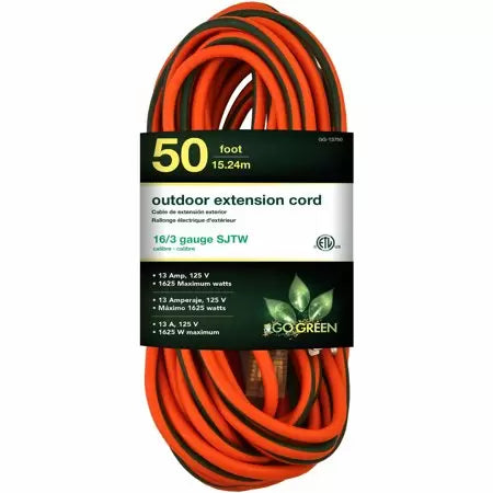 GoGreen Power® 1 Outlet Heavy Duty Extension Cord w/Lighted End 16/3 50' (50')