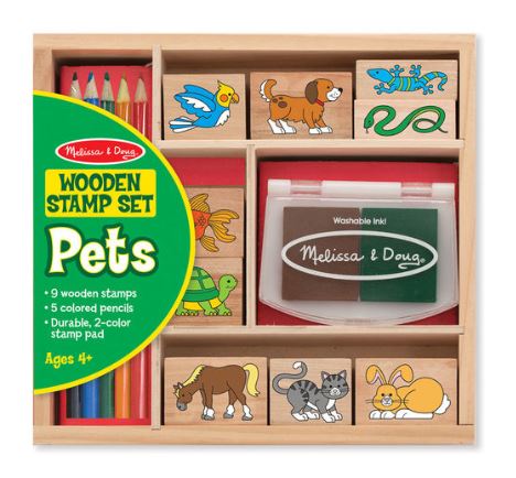 Melissa & Doug Wooden Pets Stamp Set (9 Wooden Stamps - 5 Colored Pencils - 2-Color Stamp Pad)