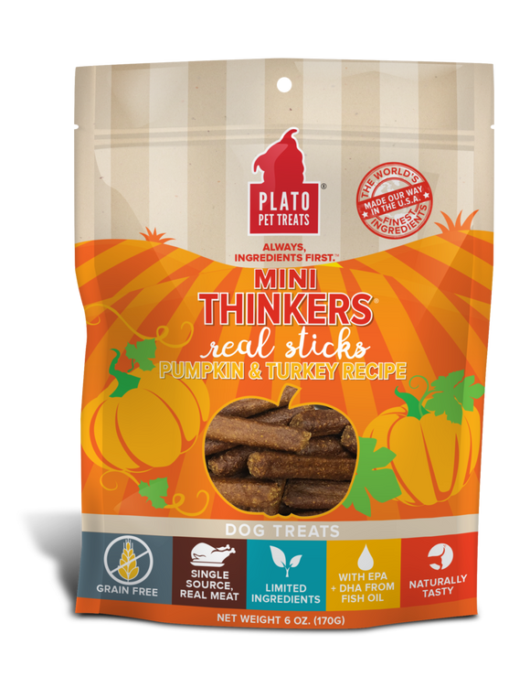 Platos Pet Treats Mini Thinkers Grain Free Pumpkin & Turkey Meat Stick Dog Treats