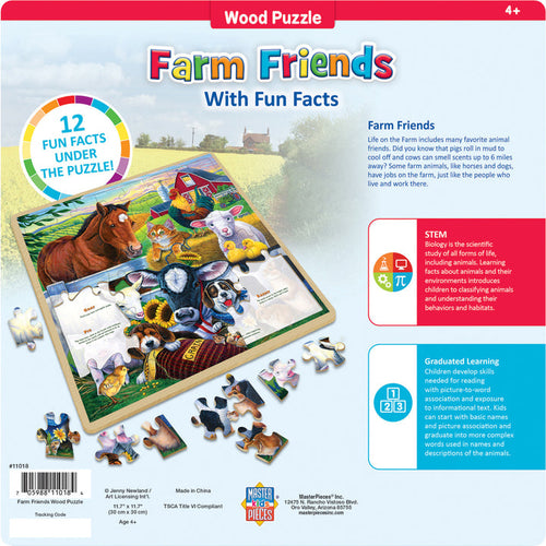 MasterPieces Wood Fun Facts - Farm Friends 48 Piece Wood Puzzle (11x 11, Puzzle Game)