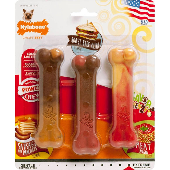 Nylabone Flavor Frenzy Power Chew Triple Pack Pancakes & Sausage, Roast Beef Club, & Lasagna